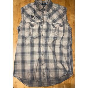 Harley-Davidson Mens Sleeveless Shirt Medium‎ Check Cutoff Logo Biker Skull